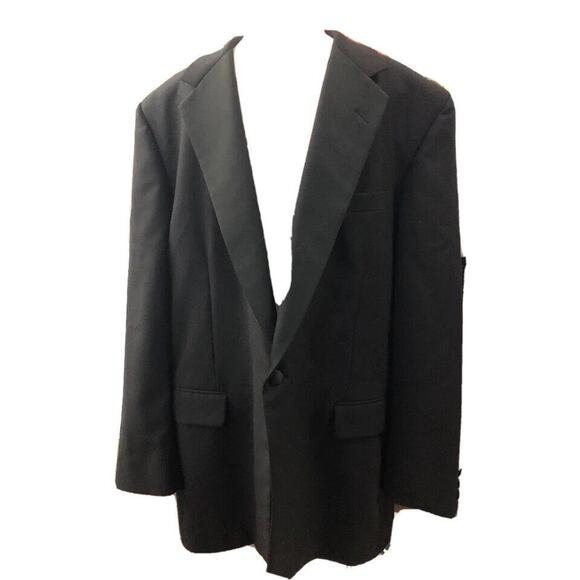 TOM JAMES BESPOKE BLACK TUXEDO ONE BUTTON 100%WOOL MADE IN U.S.A. APPROX.45LONG - Picture 1 of 12